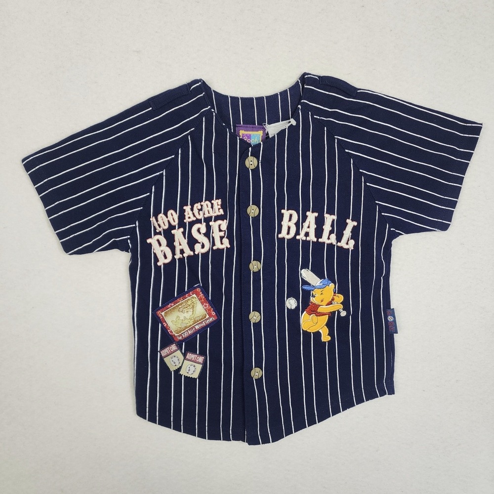 Vintage Disney Winnie the Pooh 100 Acre Baseball Jersey Kids 4T Blue Pinstripe